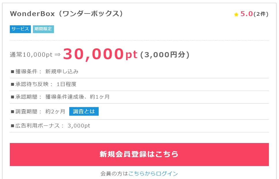 ポイントインカム経由でワンダーボックスへ入会すると、3,000円分のポイントがもらえる