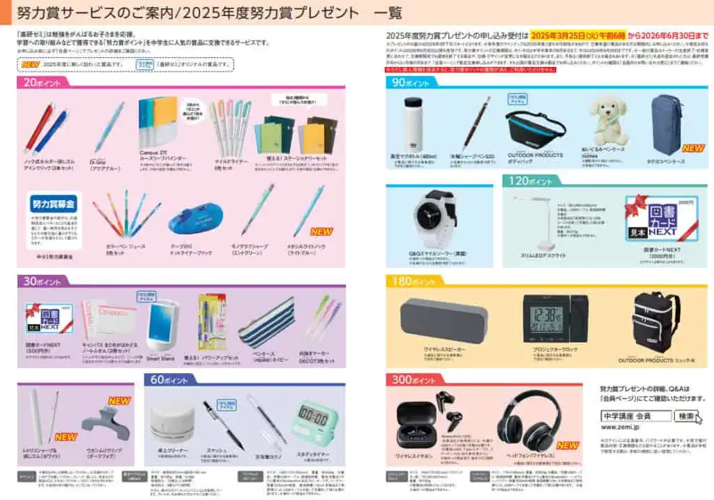 進研ゼミ中学生「努力賞ポイント」