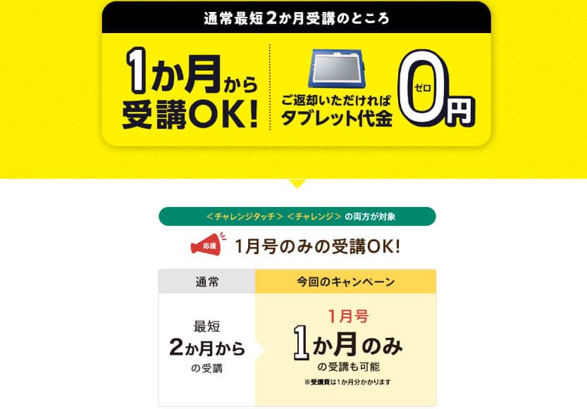 【進研ゼミ1月号入会キャンペーン】1ヶ月のみ受講OK＆返却でタブレットが無料