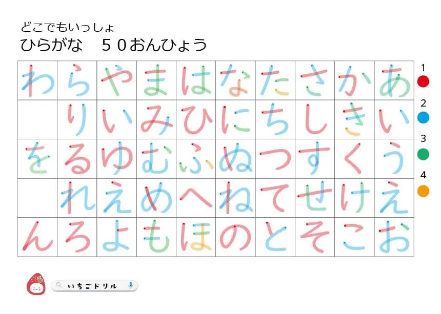 hiragana_color50onnhiragana_colorひらがなの書き順練習無料ダウンロード印刷教材保育園幼稚園小学生カラー