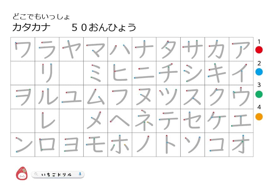 わかりやすいカタカナ練習書き順表モノクロ小学生保育園幼稚園用
