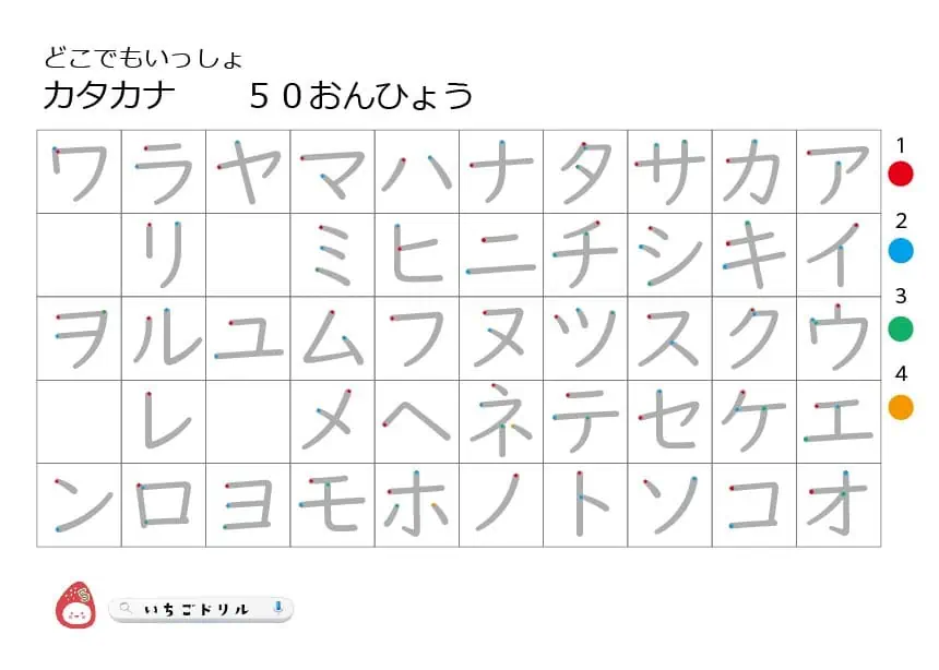 わかりやすいカタカナ練習書き順表モノクロ小学生保育園幼稚園用