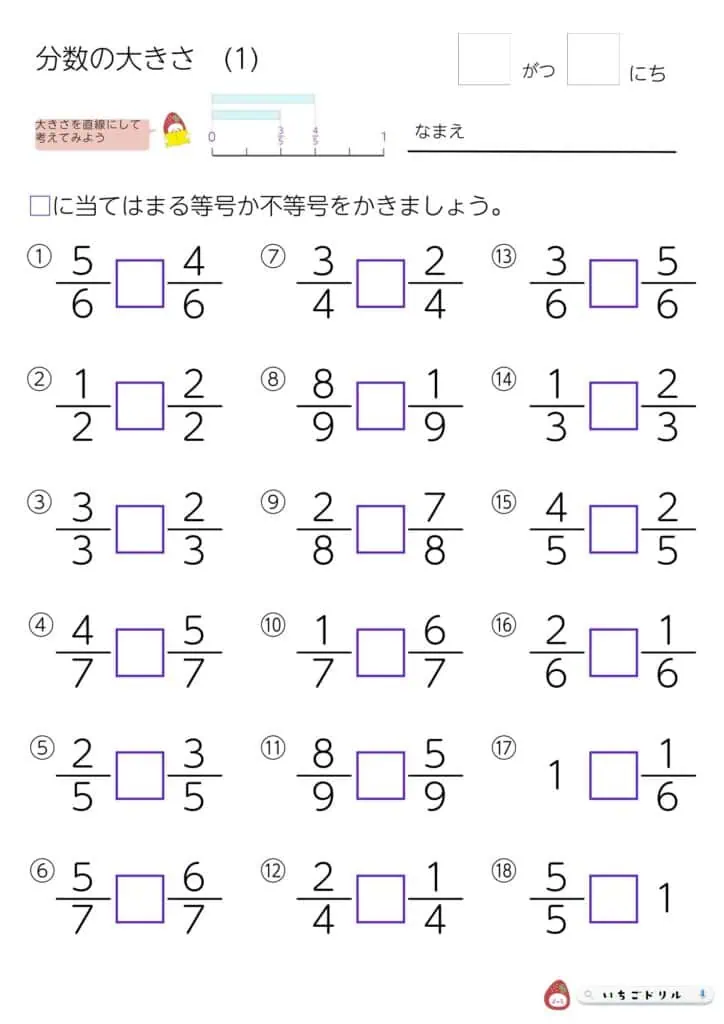 小3算数｜分数の大きさ比べプリント