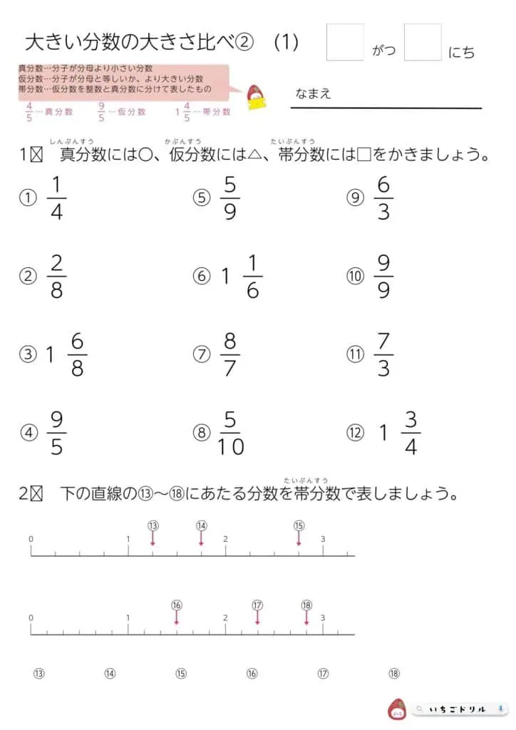 小4算数｜分数の大きさ比べプリント①