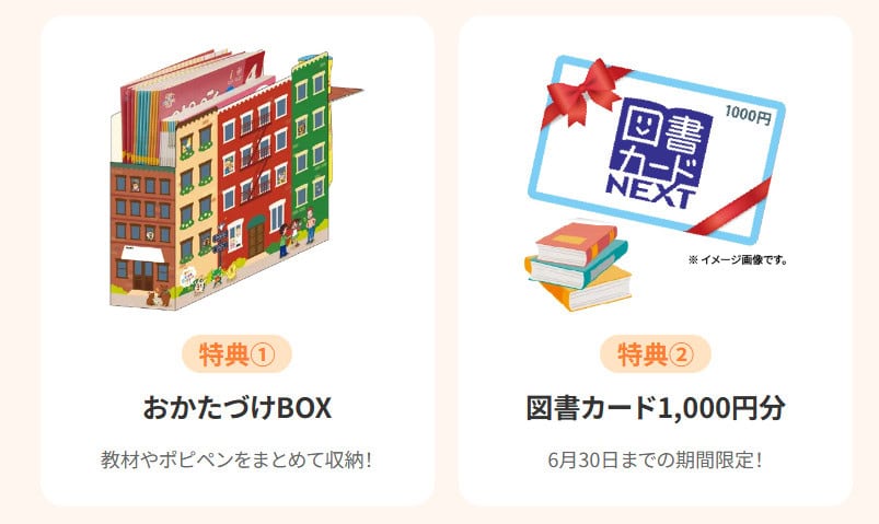 ポピーキッズイングリッシュ入会でおかたづけBOXと図書カードもらえる