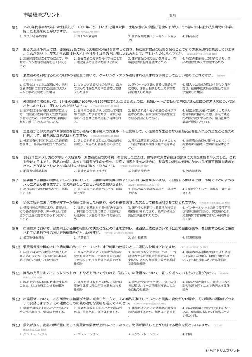 【過去問一問一答】中学社会公民でよく出る問題(市場経済)高校入試・受験、定期テスト対策