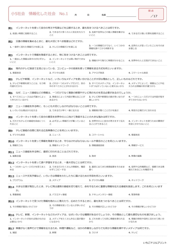 小5社会 まとめプリント