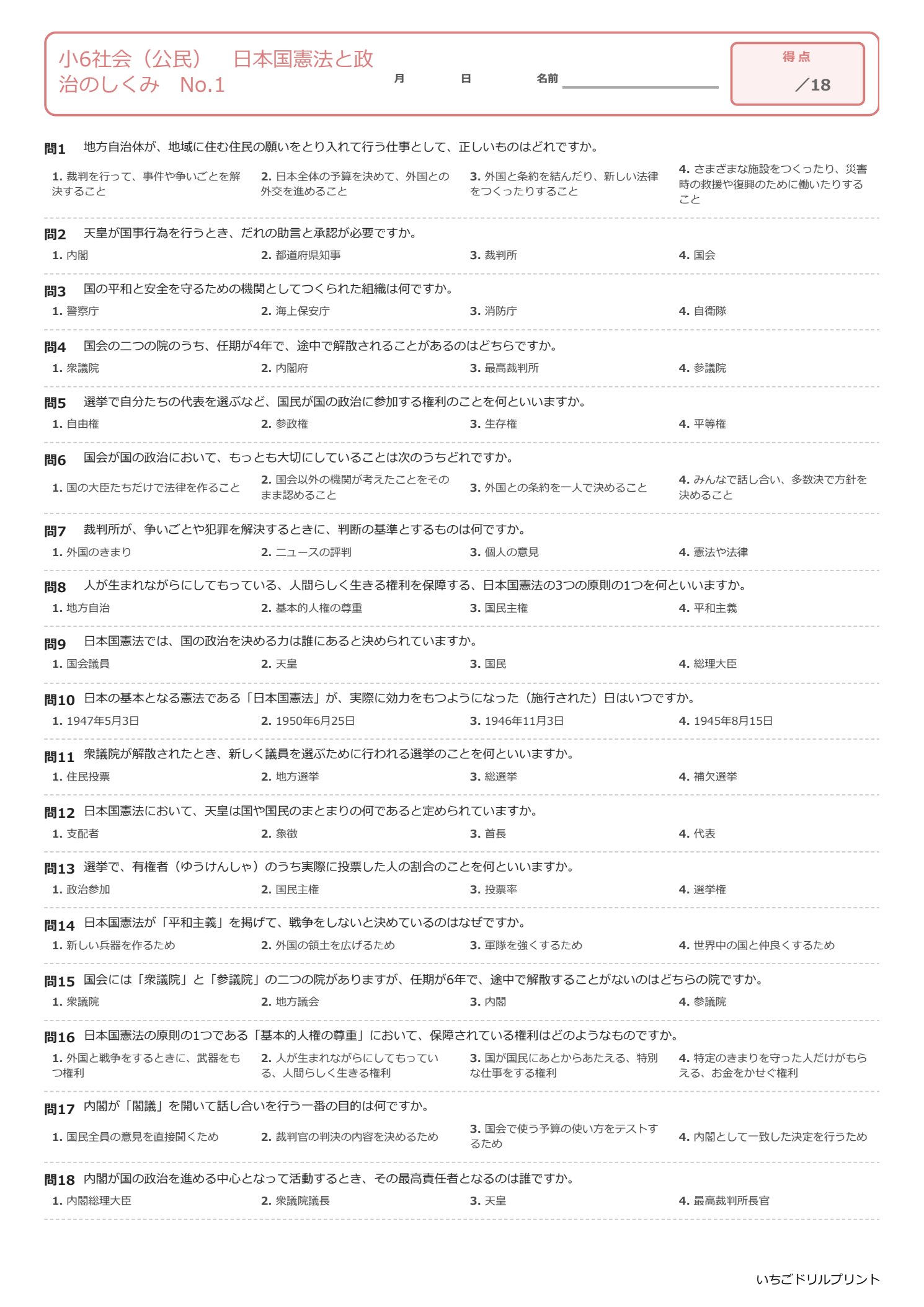 小6社会（公民）選択式プリント