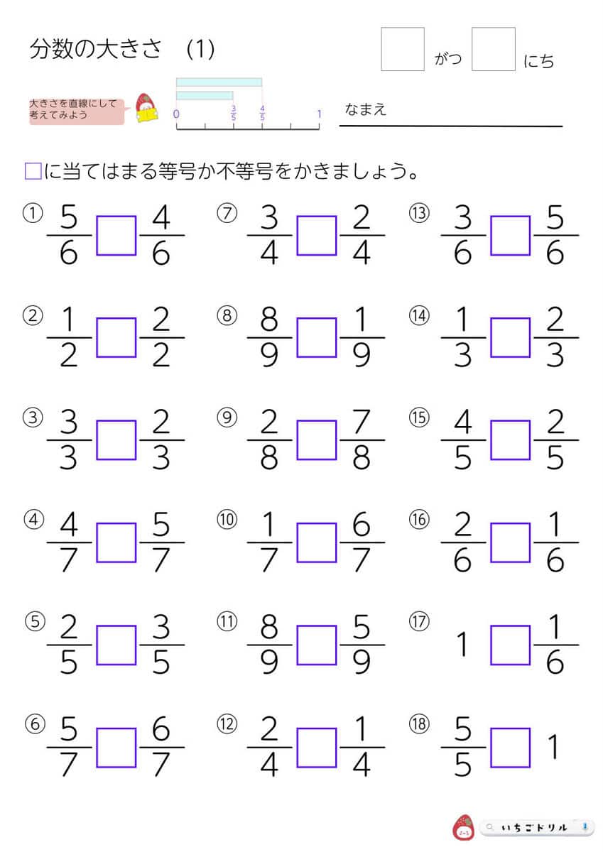 分数プリント｜分数の大きさ・約分