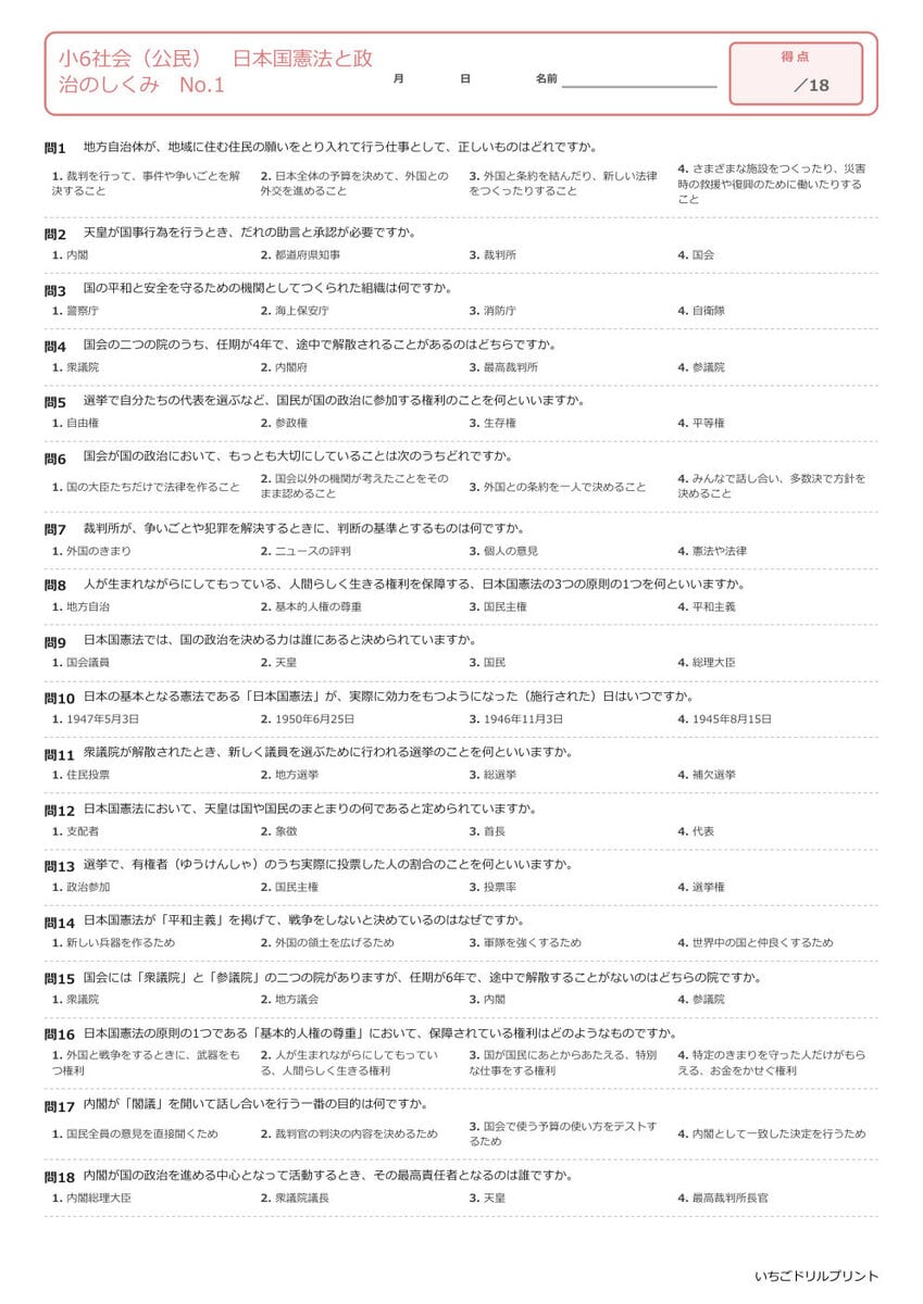 小6公民 まとめプリント