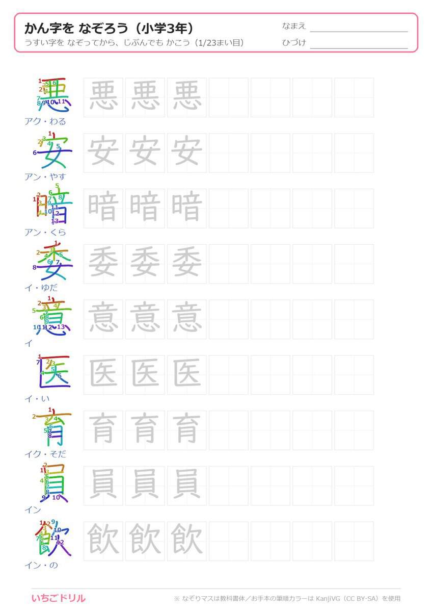 3年生の漢字なぞり書き(筆順カラー)プリント