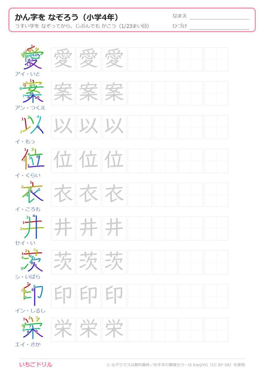 4年生の漢字なぞり書き(筆順カラー)プリント