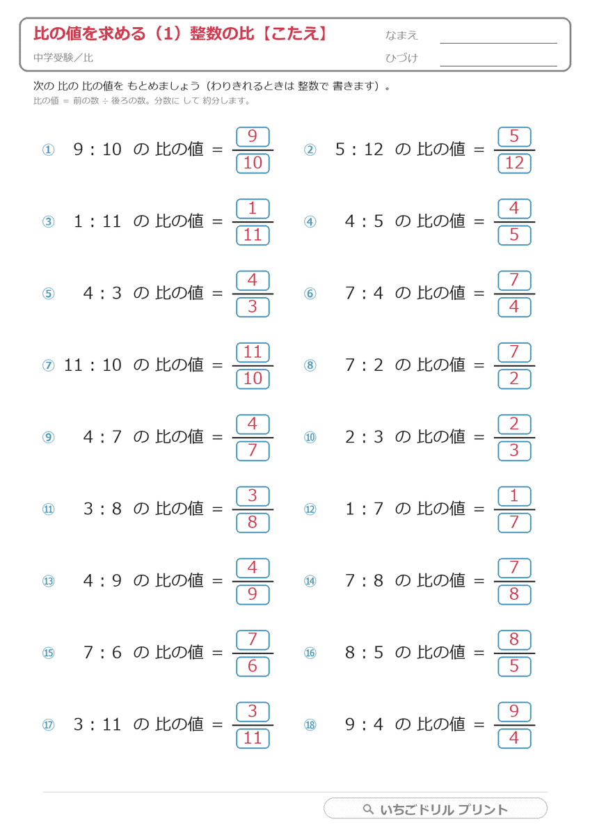 比の値を求める(分数で答える) 答え(サンプル)