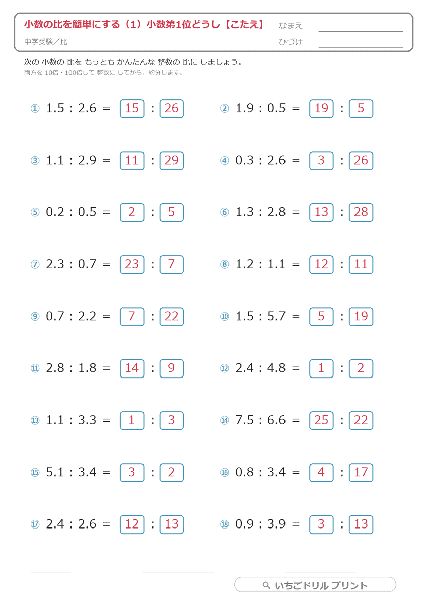 小数の比を簡単にする(10倍・100倍する) 答え(サンプル)