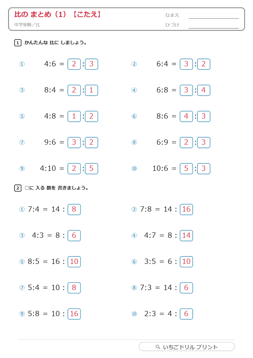 比のまとめ(5枚)答え(サンプル)