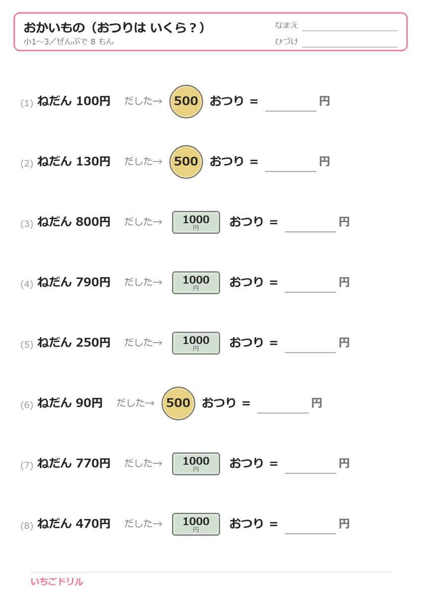 おかいもの（おつりは いくら？）プリント