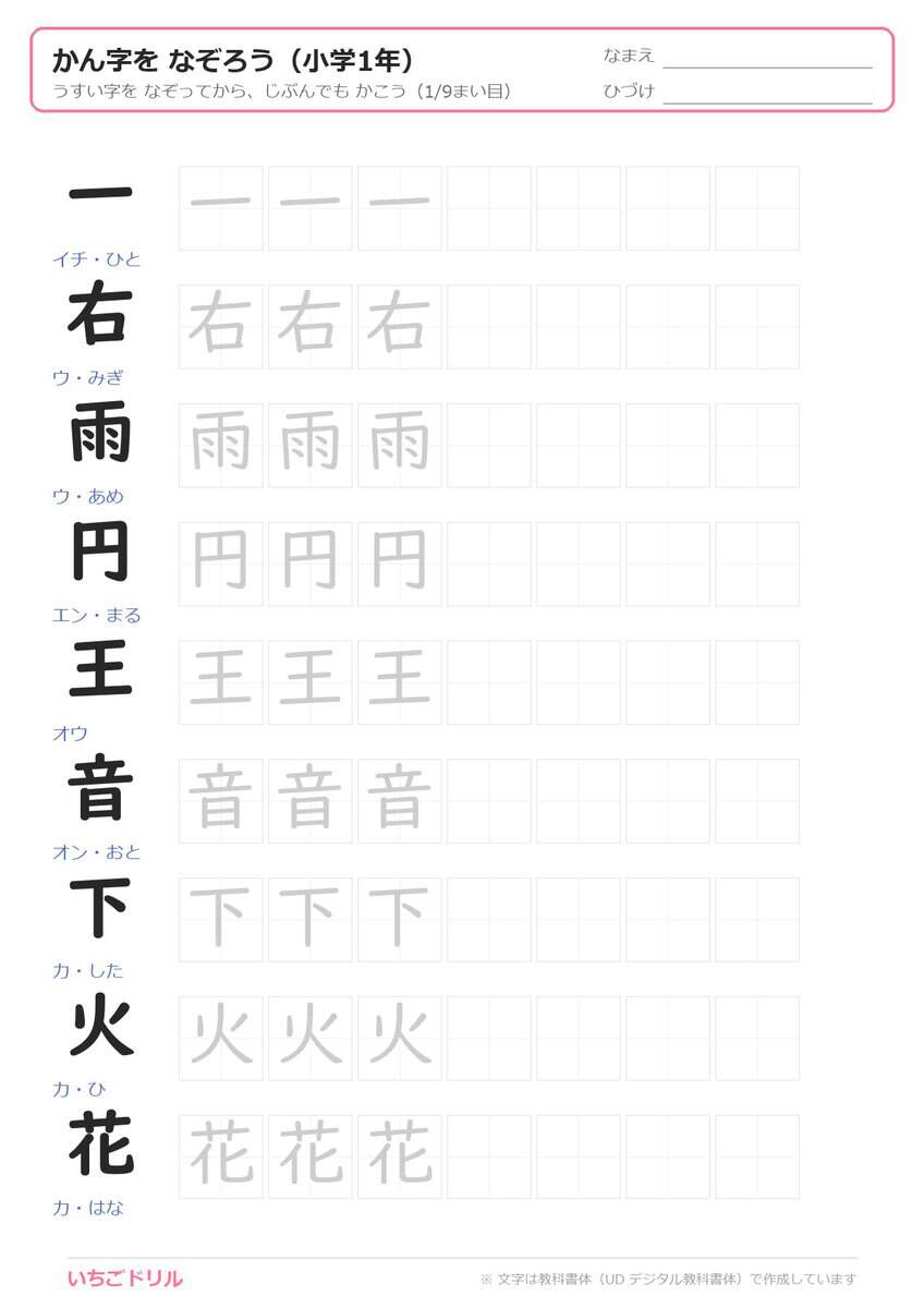1年生の漢字なぞり書きプリント