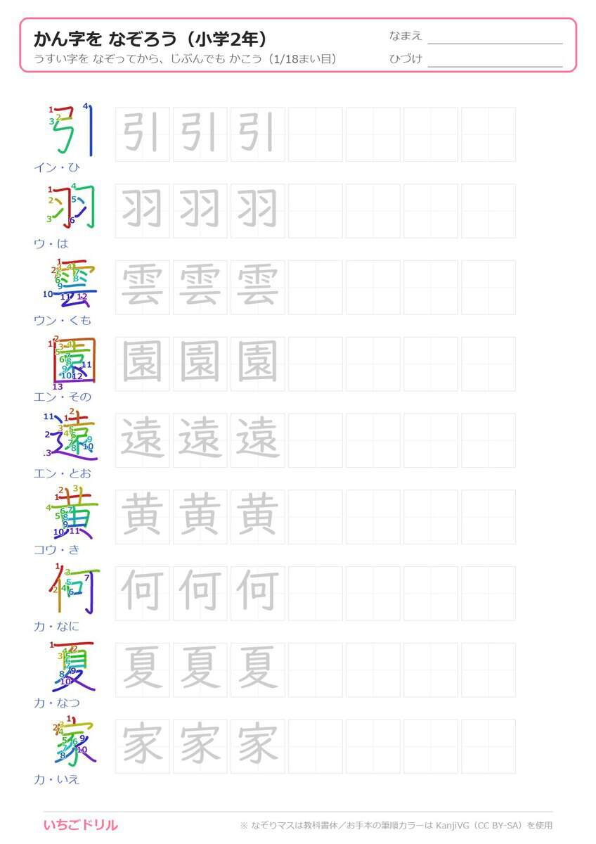 2年生の漢字なぞり書き(筆順カラー)プリント
