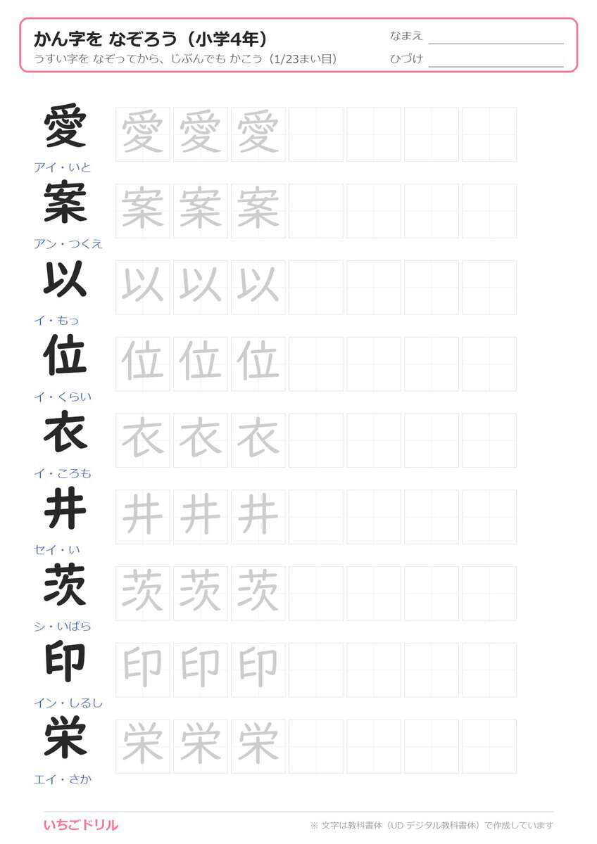 4年生の漢字なぞり書きプリント