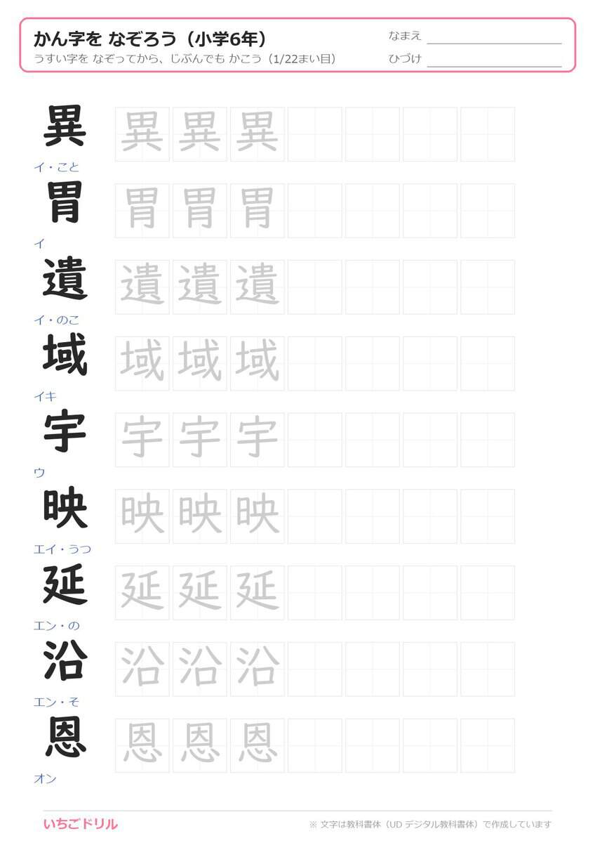 6年生の漢字なぞり書きプリント