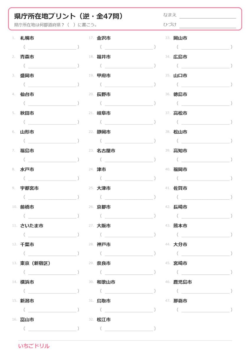県庁所在地 逆・穴埋めプリント（県庁所在地→都道府県）