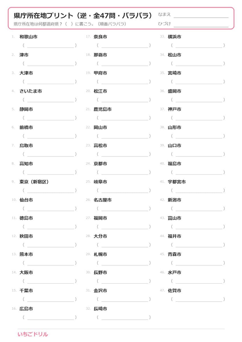 県庁所在地 逆・バラバラ（全47問）