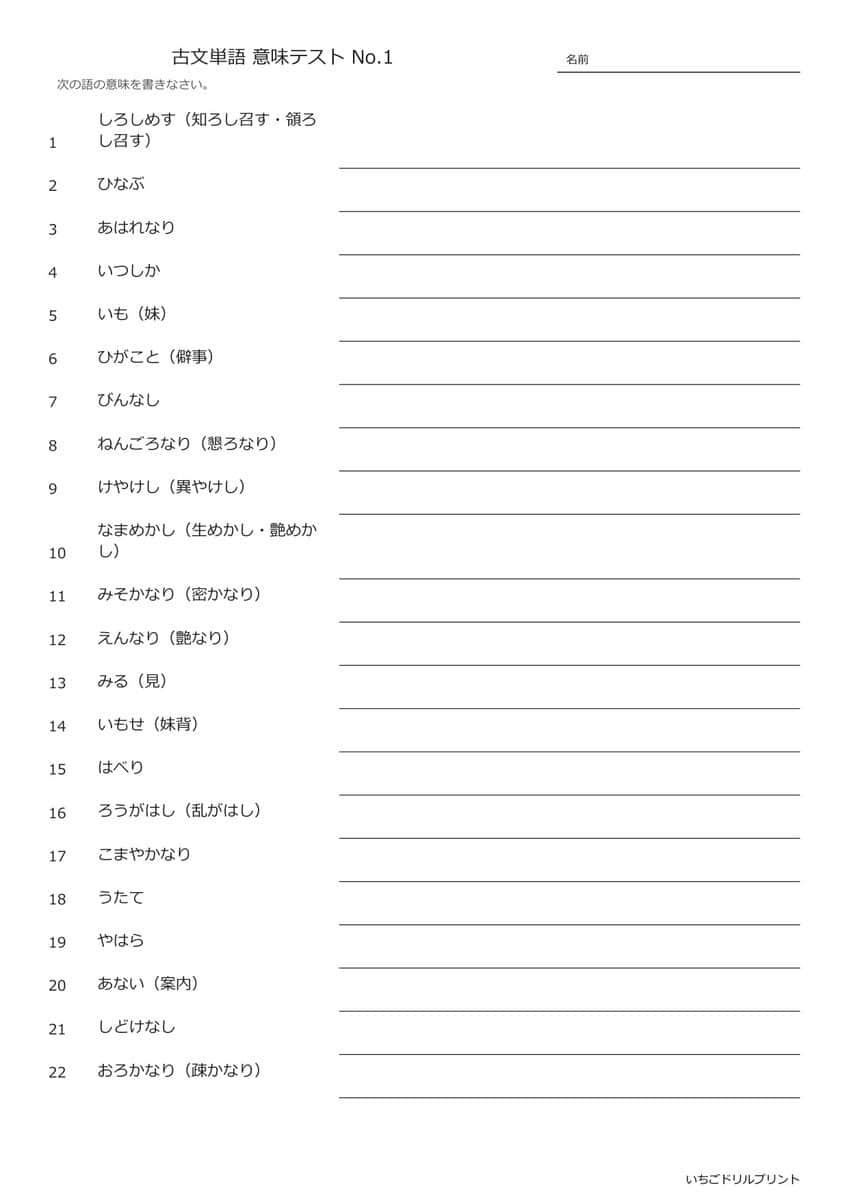 古文単語プリント（書き込み式・意味テスト）無料PDF見本｜高校古文・共通テスト対策