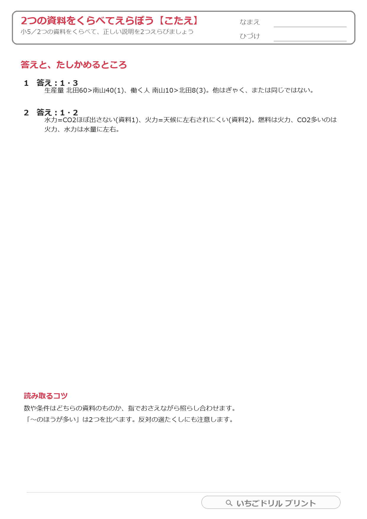 2つの資料をくらべて正しい説明を2つえらぶ(複数資料・小5) 答え(サンプル)