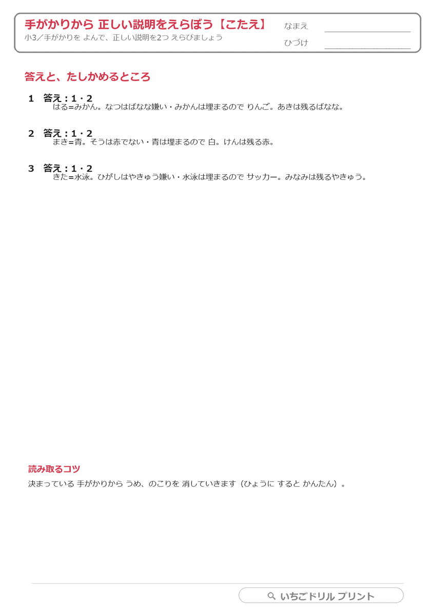 手がかりから正しい説明をえらぶ(推理・小3) 答え(サンプル)