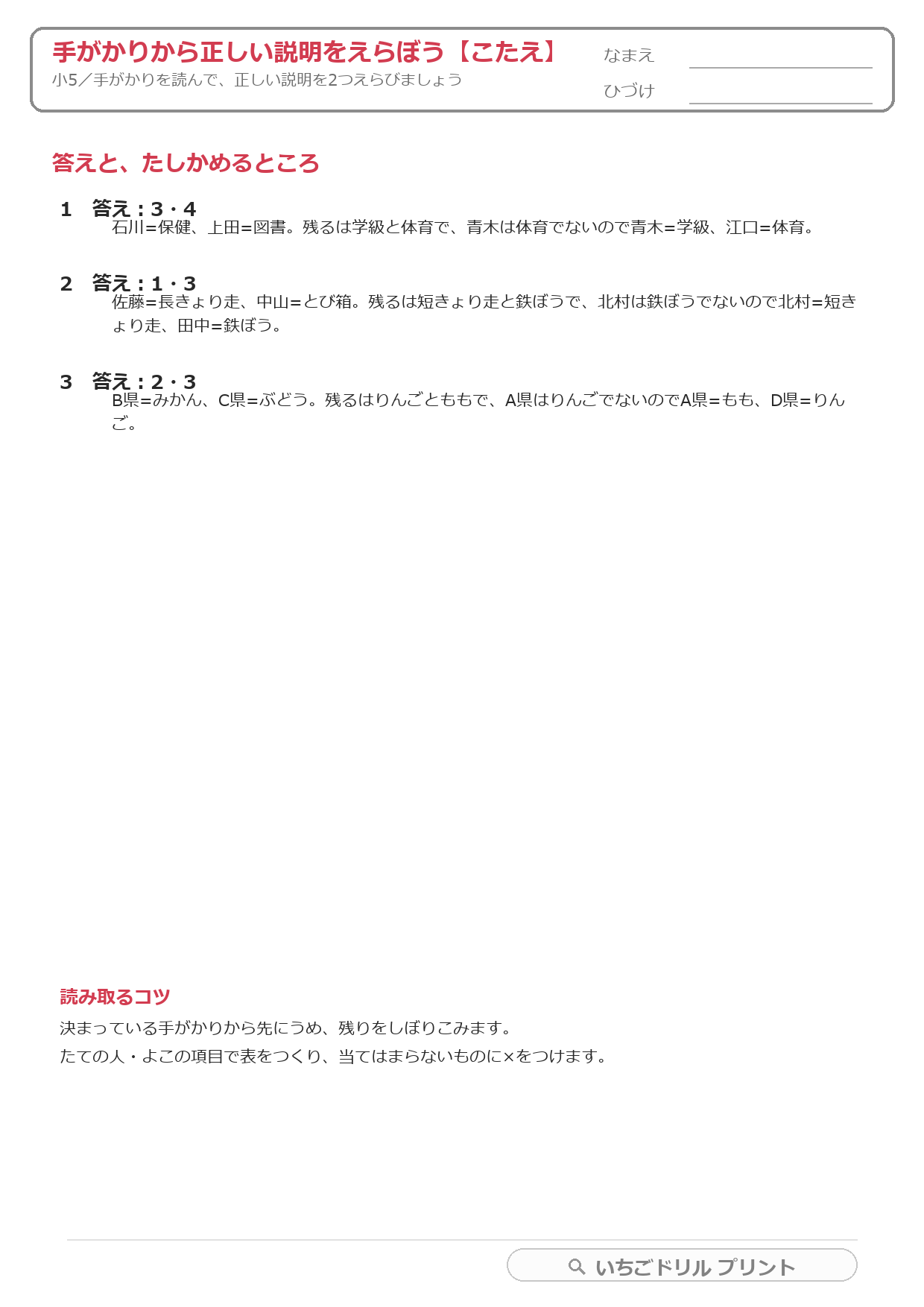 手がかりから正しい説明を2つえらぶ(推理・小5) 答え(サンプル)