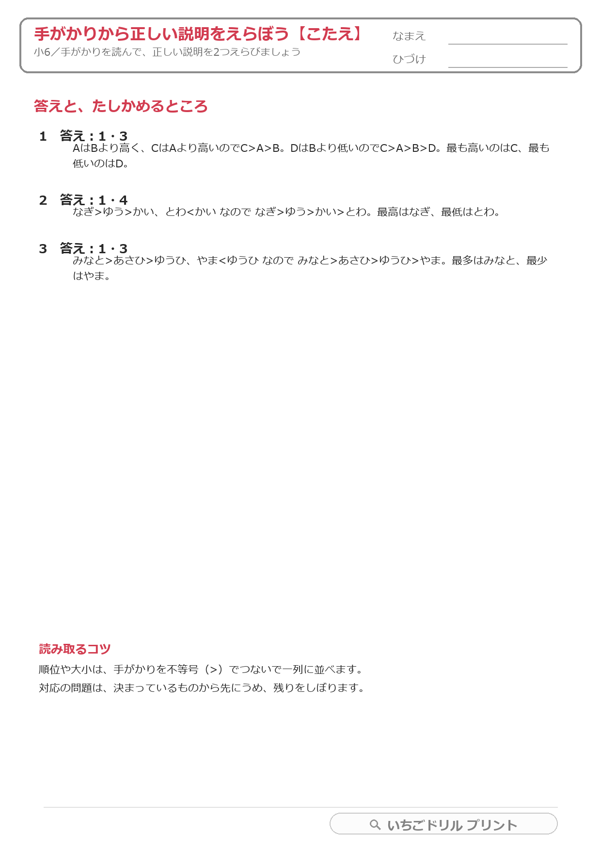手がかりから正しい説明を2つえらぶ(推理・順位・小6) 答え(サンプル)
