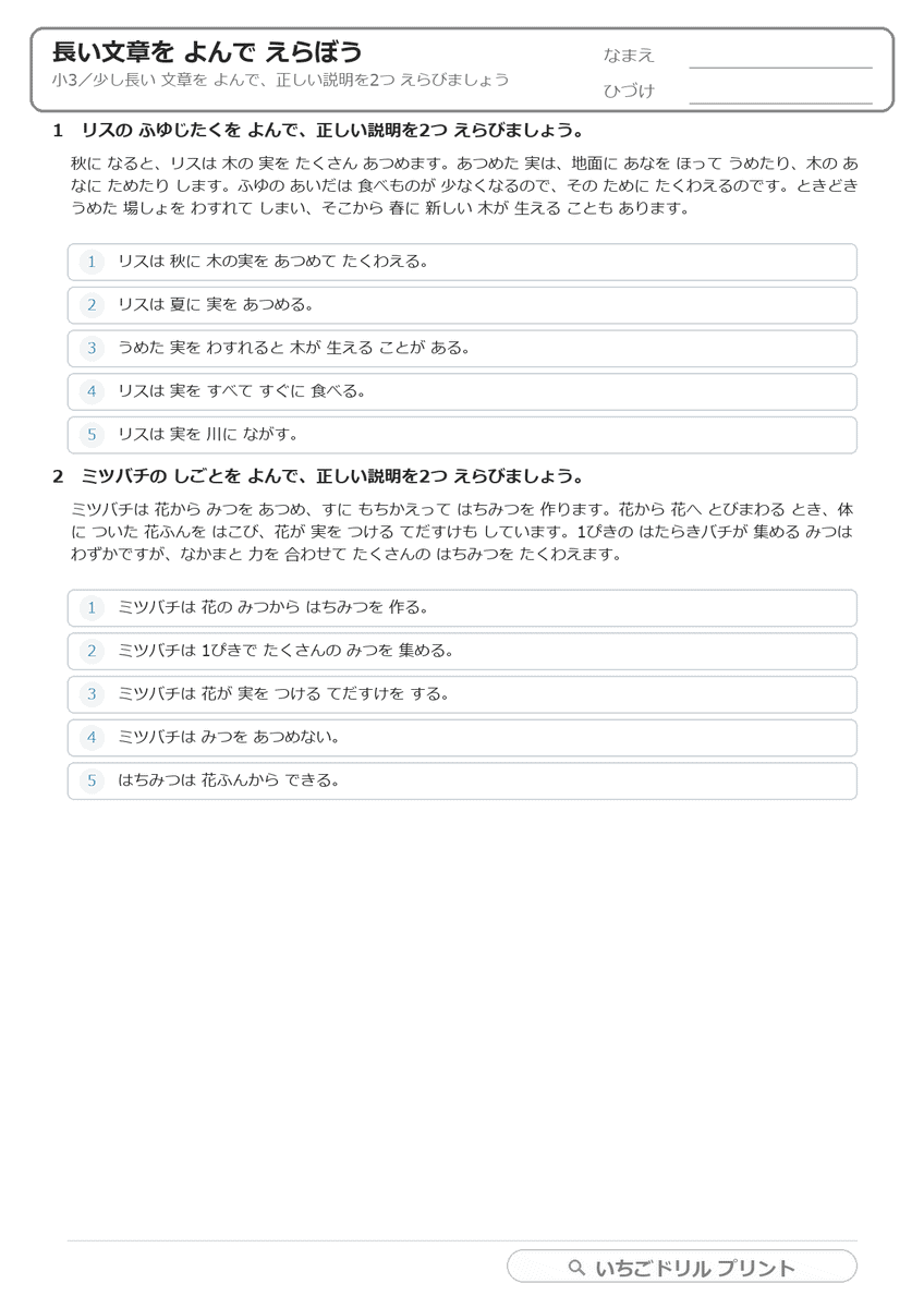 長い文章をじっくり読んでえらぶ(小3) 問題(サンプル)