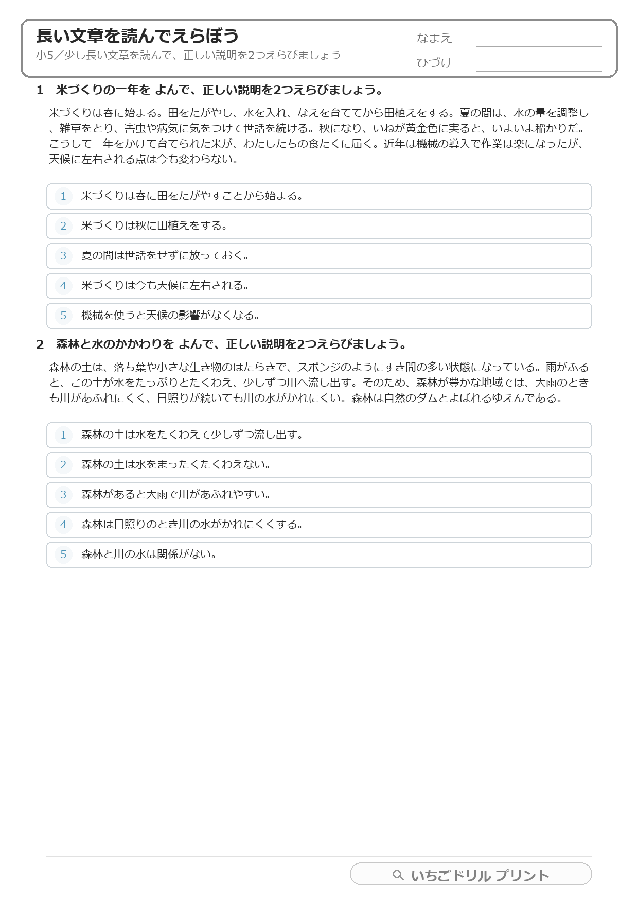 長い文章を読んで正しい説明を2つえらぶ(長文読解・小5) 問題(サンプル)