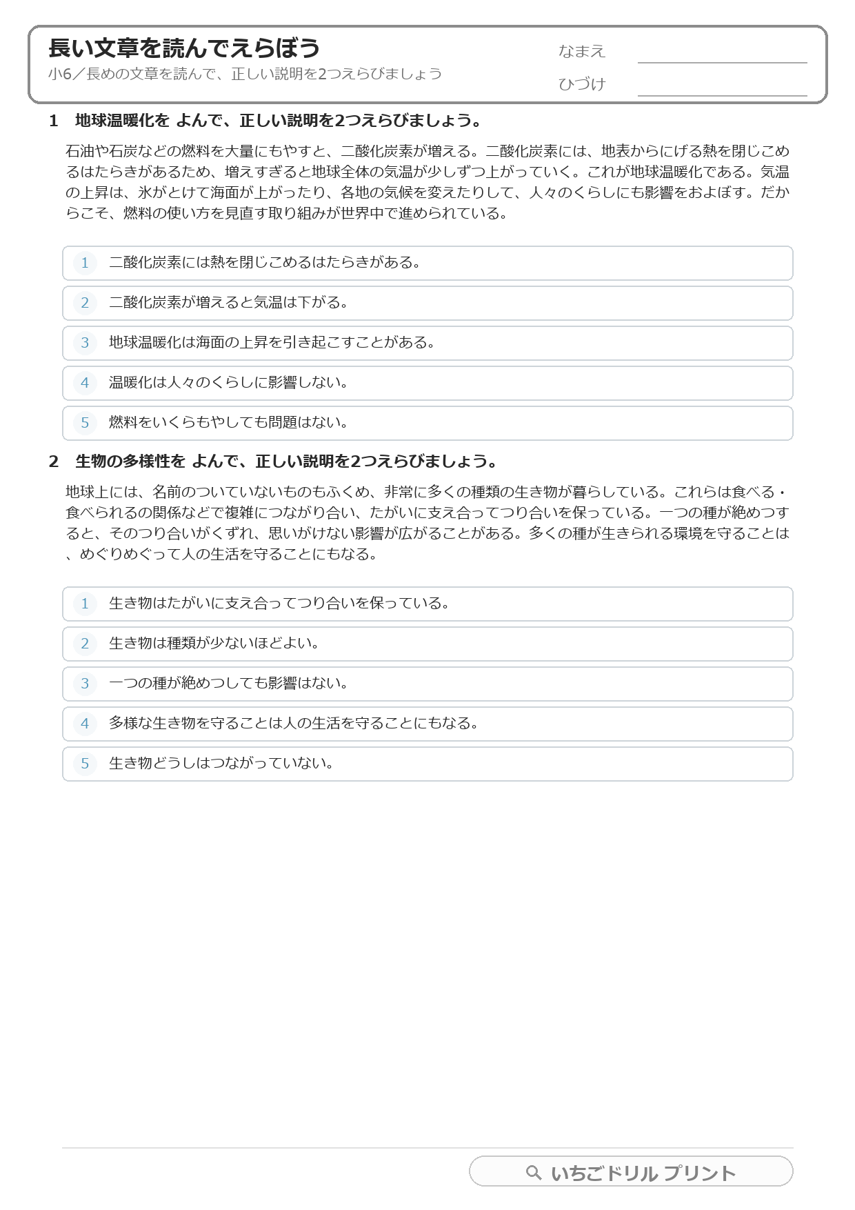 長い文章を読んで正しい説明を2つえらぶ(長文読解・小6) 問題(サンプル)