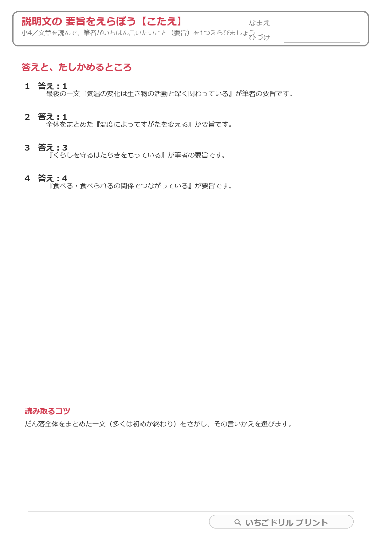 説明文の要旨をえらぶ(要旨読解・小4) 答え(サンプル)