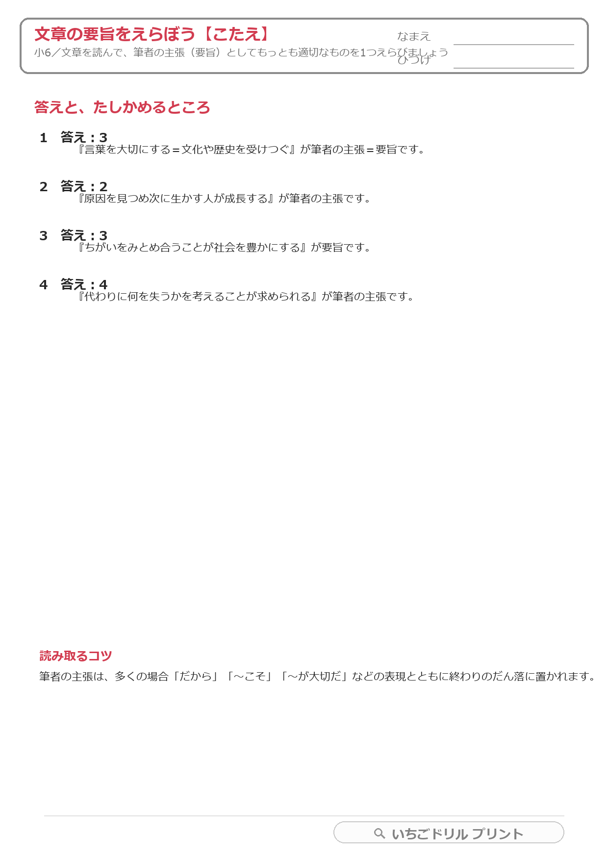 文章の要旨をえらぶ(要旨読解・小6) 答え(サンプル)