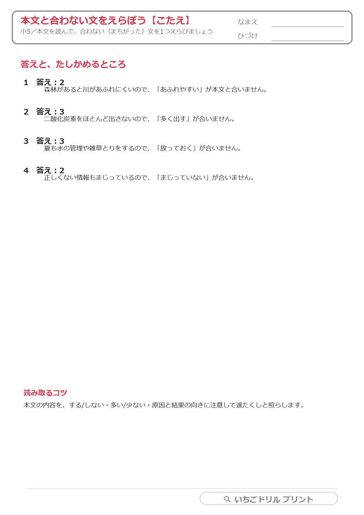 本文と合わない文をえらぶ(まちがいさがし・小5) 答え(サンプル)