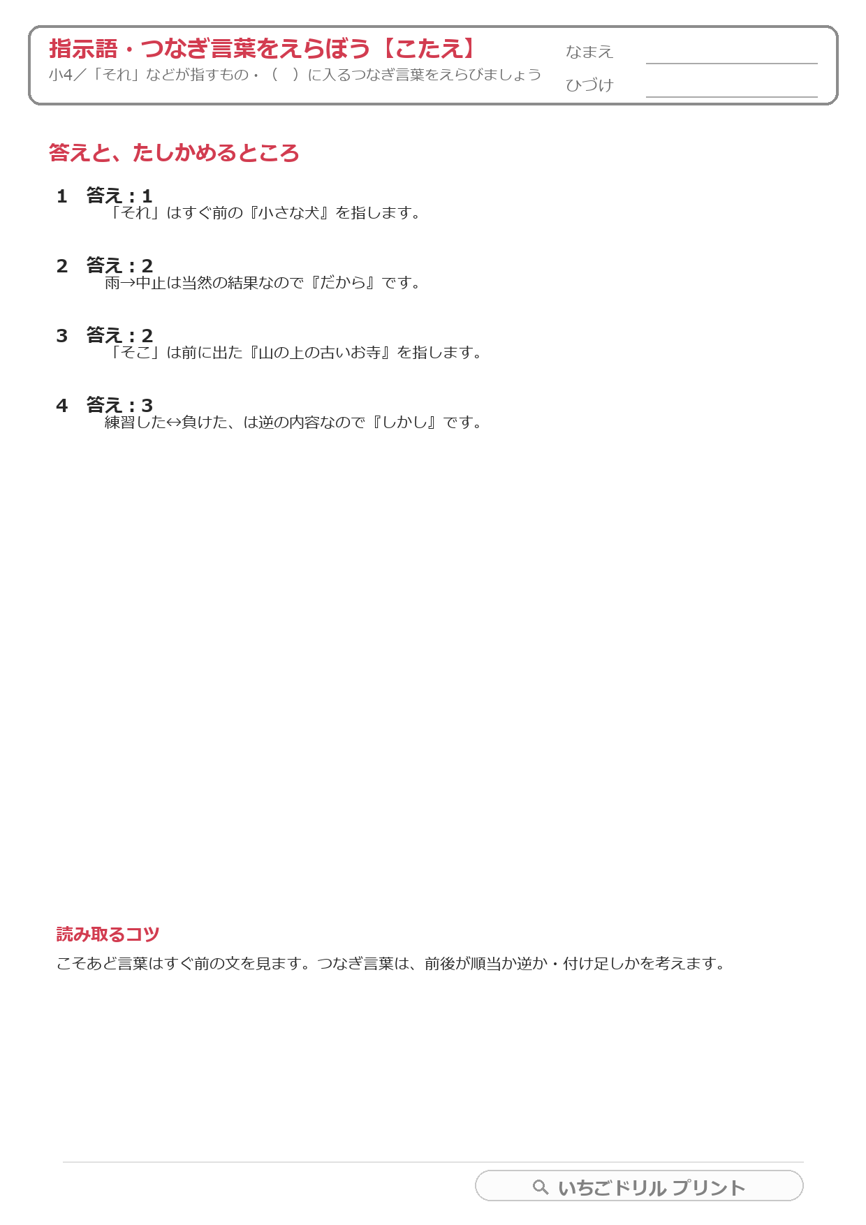 指示語・つなぎ言葉をえらぶ(文のつながり・小4) 答え(サンプル)