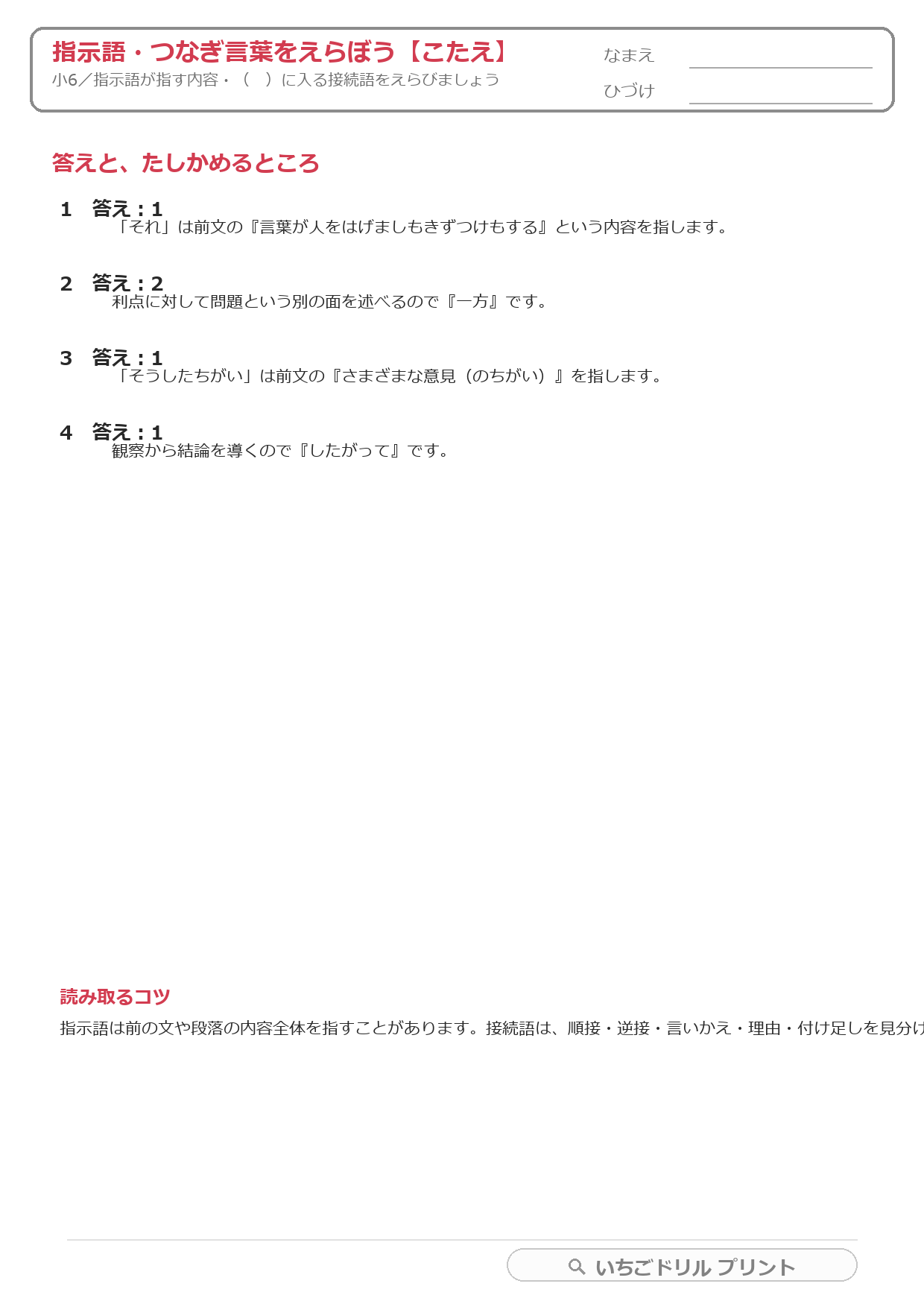 指示語・つなぎ言葉をえらぶ(文のつながり・小6) 答え(サンプル)