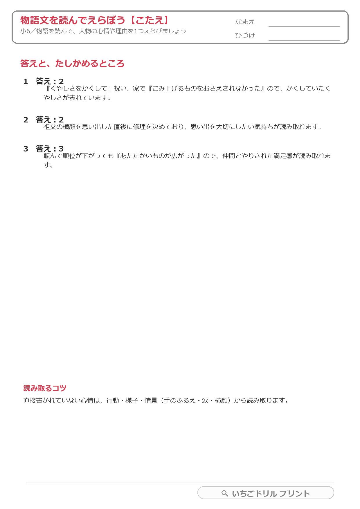 物語文を読んで心情・理由をえらぶ(物語読解・小6) 答え(サンプル)