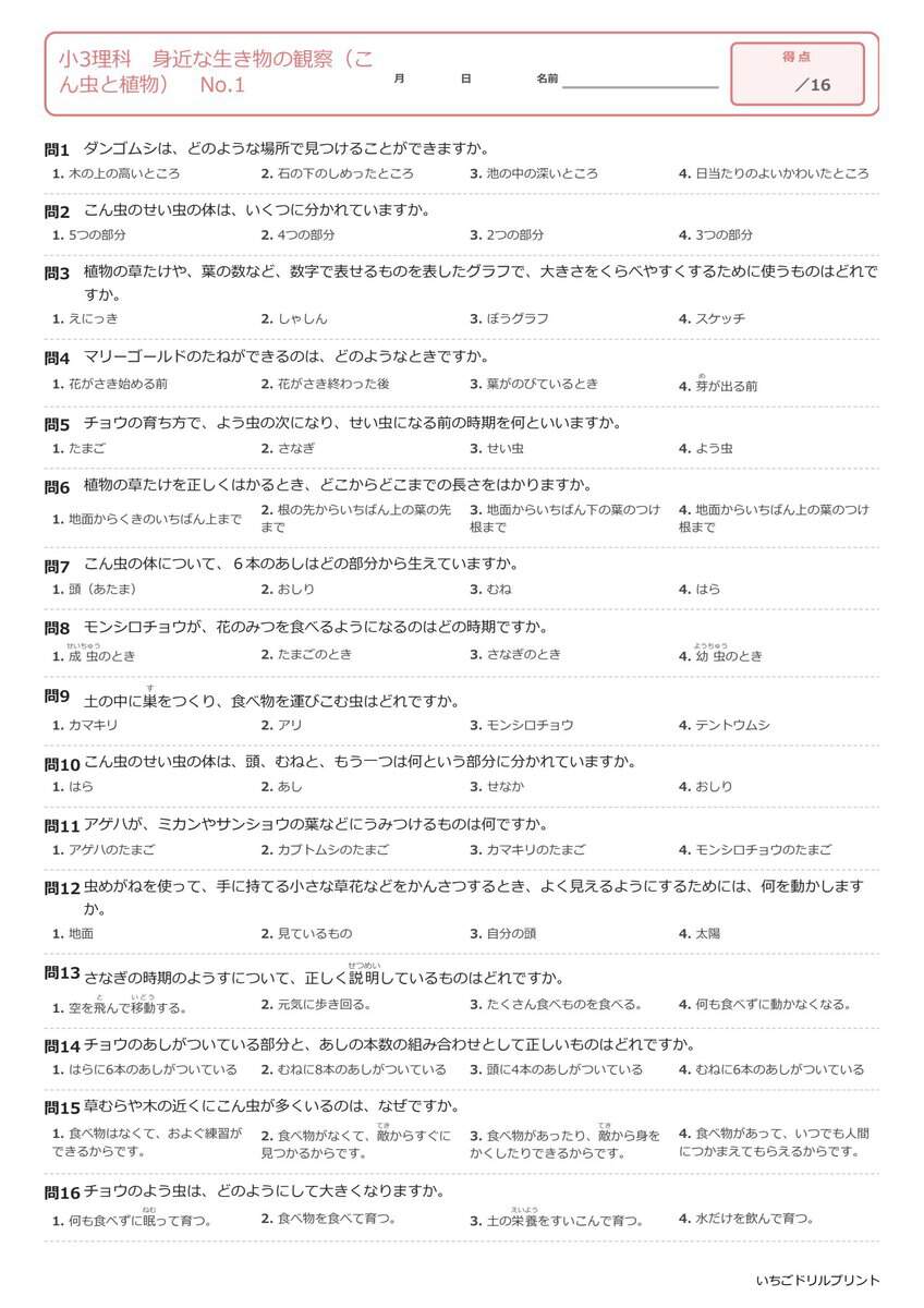小3理科選択式プリント見本