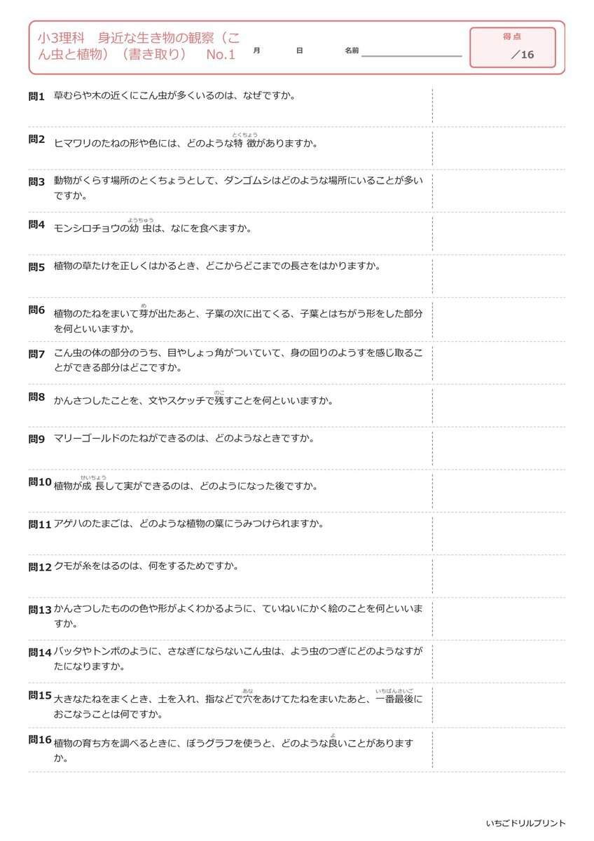 小3理科書き取りプリント見本