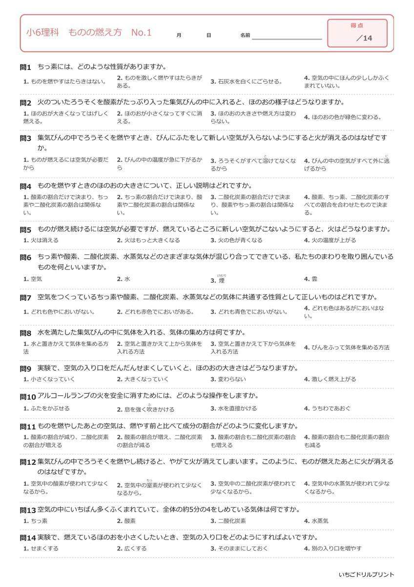 小6理科選択式プリント見本