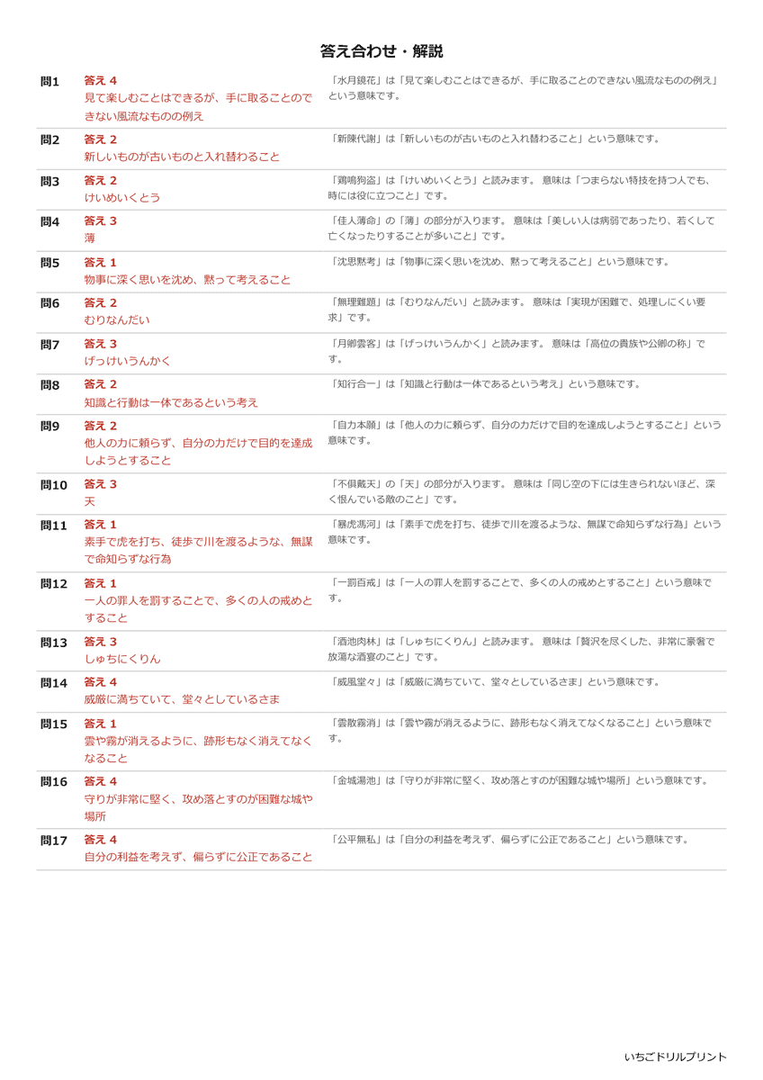 四字熟語一問一答プリント(上級) 答え(サンプル)
