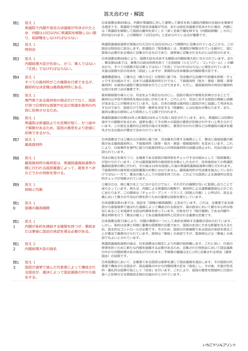 高校受験向け国会・内閣・裁判所の無料プリント一覧 答え(サンプル)