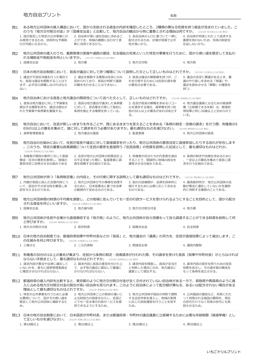 高校受験向け地方自治の無料プリント一覧 問題(サンプル)