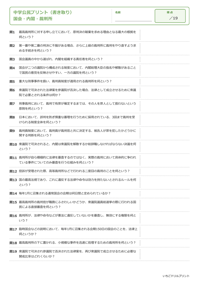 国会・内閣・裁判所 書き取りプリント 問題(サンプル)
