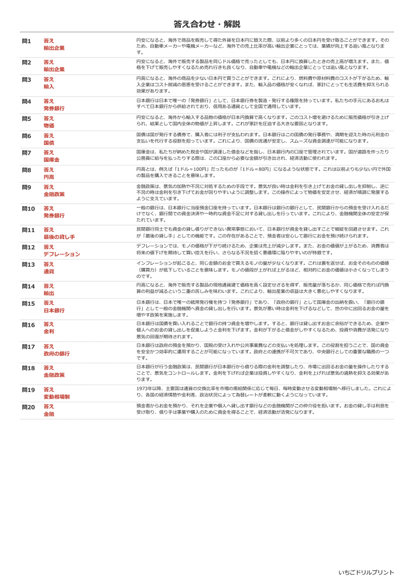 金融と日本銀行 書き取りプリント 答え(サンプル)