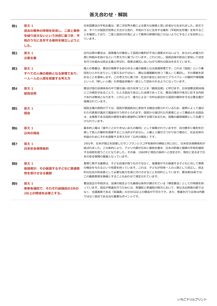 日本国憲法 過去問類似プリント 答え(サンプル)