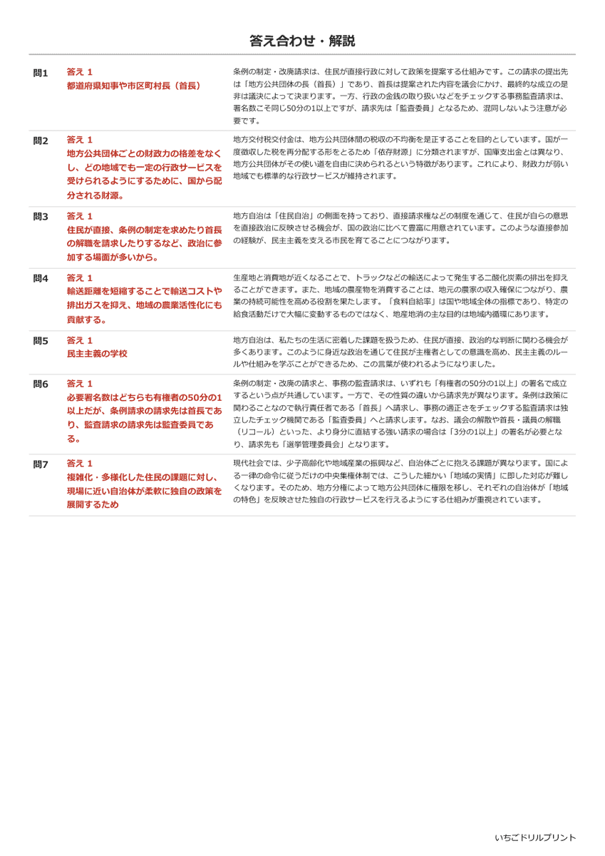 地方自治 過去問類似プリント 答え(サンプル)